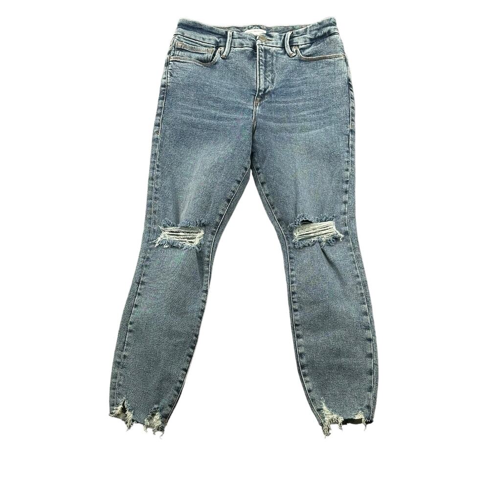 Good American Distressed Cropped Jeans in Light Blue